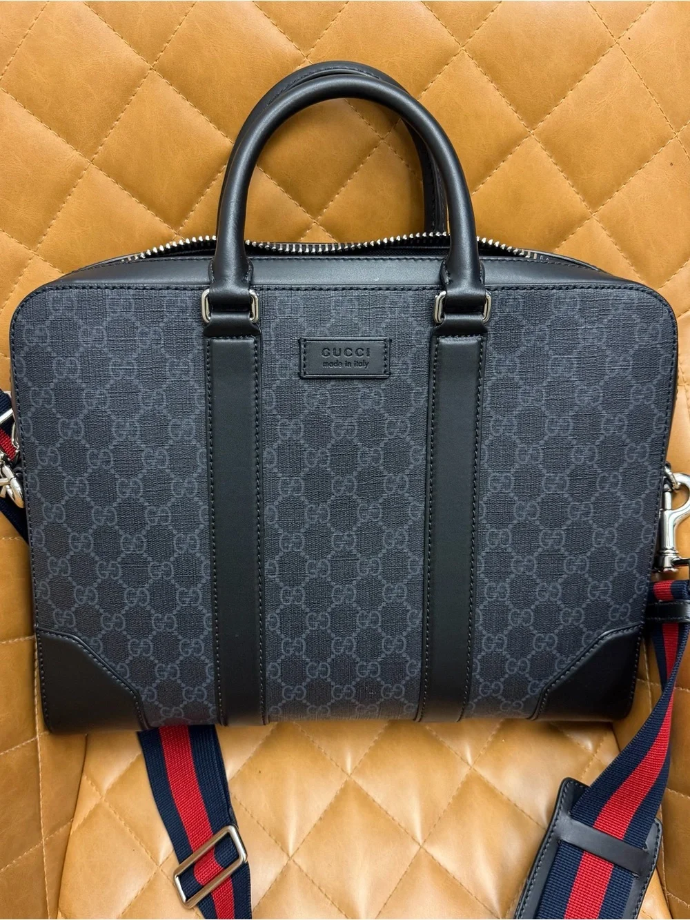 Gucci Black GG Supreme Laptop Bag with Navy & Red Web Strap